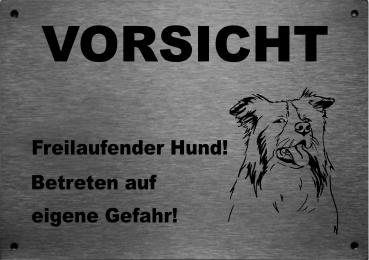 Edelstahl Warnschild Collie Lanhaar VORSICHT Freilaufender Hund! Betreten auf eigene Gefahr!